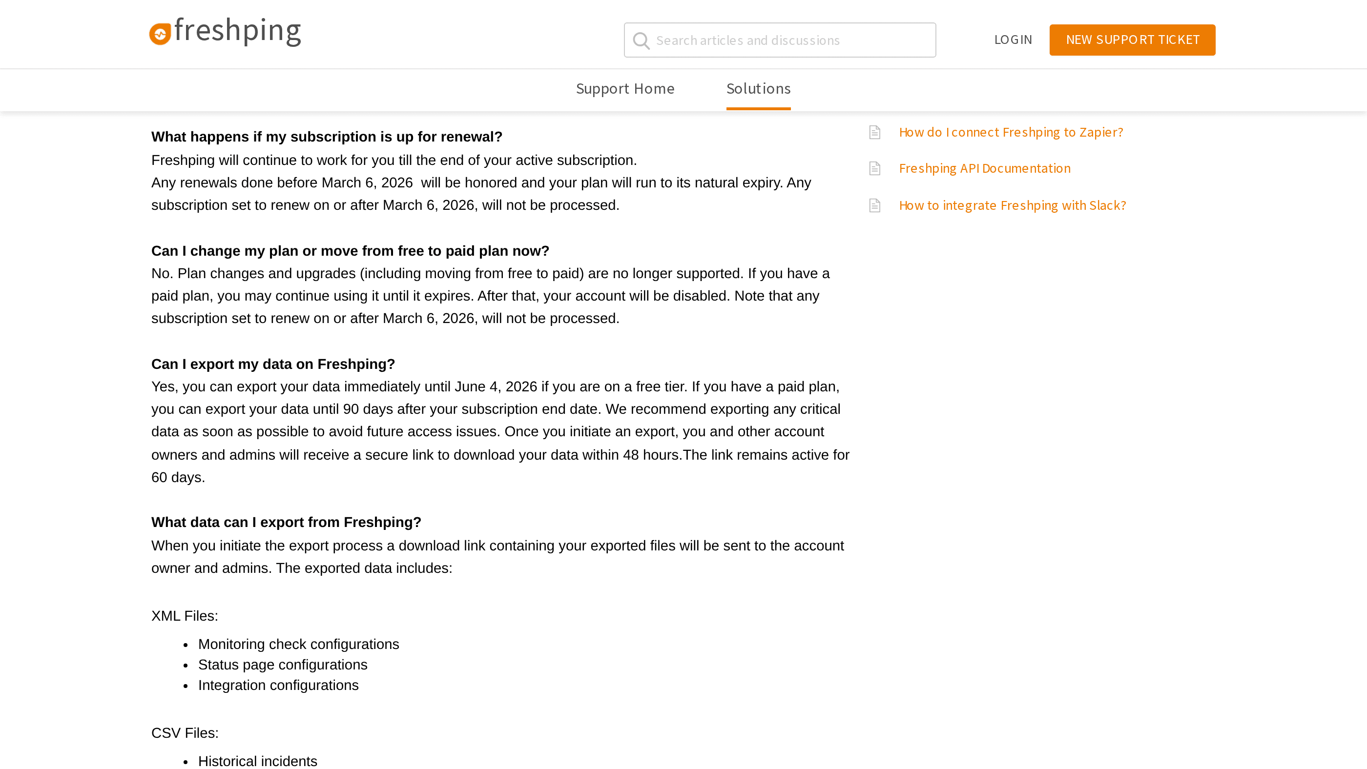 Freshworks deprecation FAQ rendered in a browser, with the March 6, 2026 shutdown date and June 4, 2026 export deadline visible.