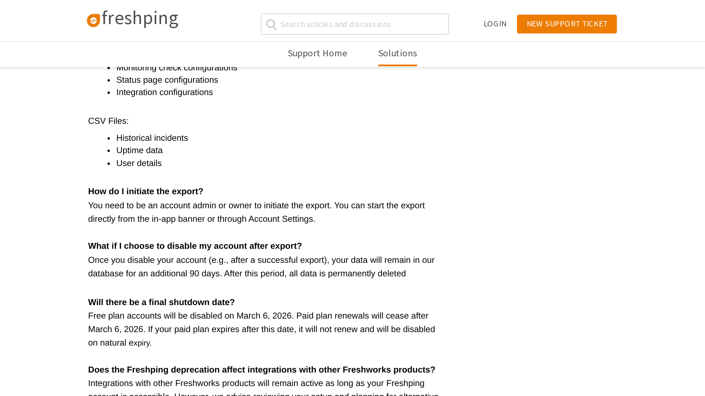 Freshping data export interface or, if no longer accessible, the deprecation FAQ section describing the 90-day export window.