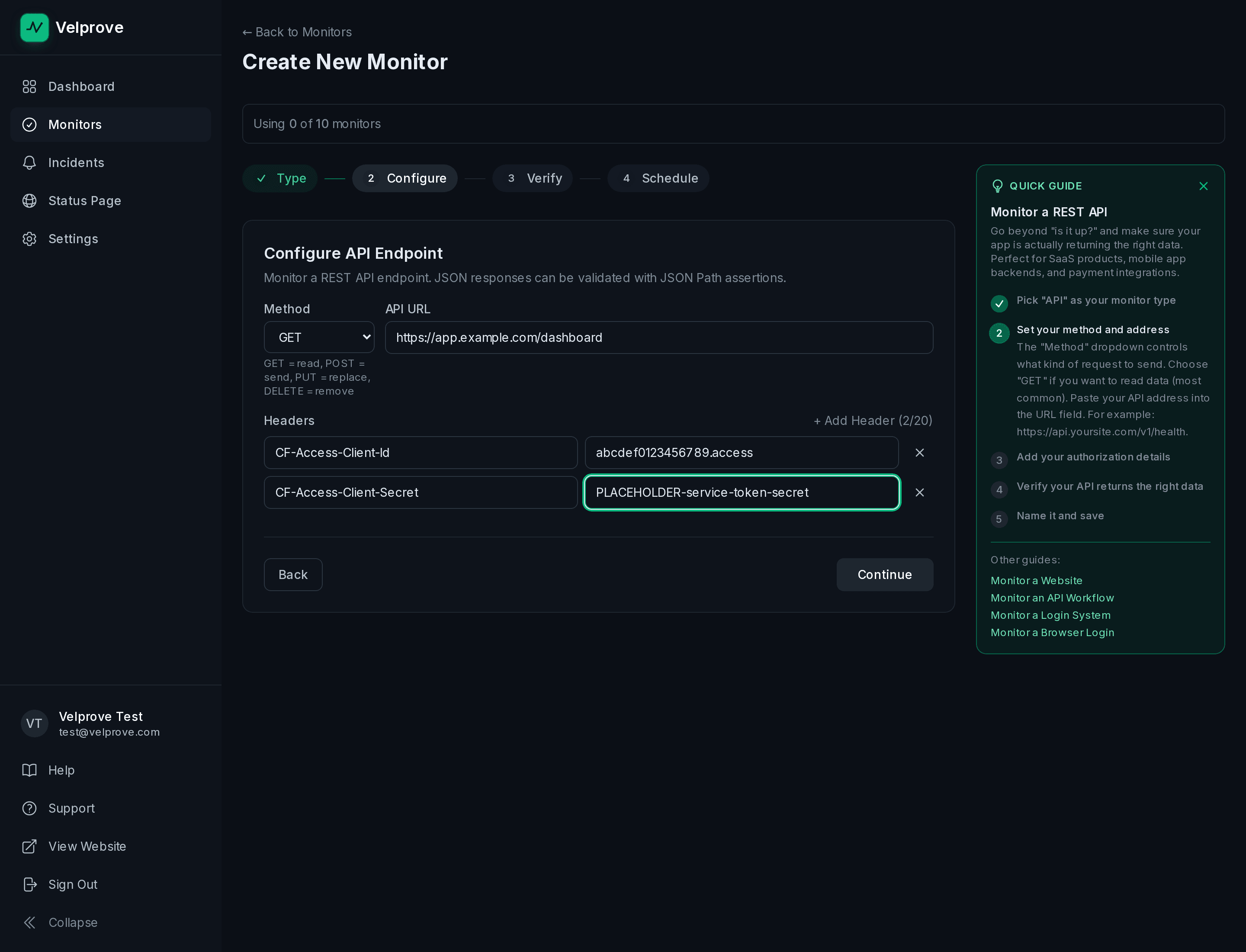 Velprove API monitor editor for an app behind Cloudflare Access, with method GET, the protected URL filled in, and two custom request headers set to placeholder Cloudflare Access service-token values: CF-Access-Client-Id and CF-Access-Client-Secret.