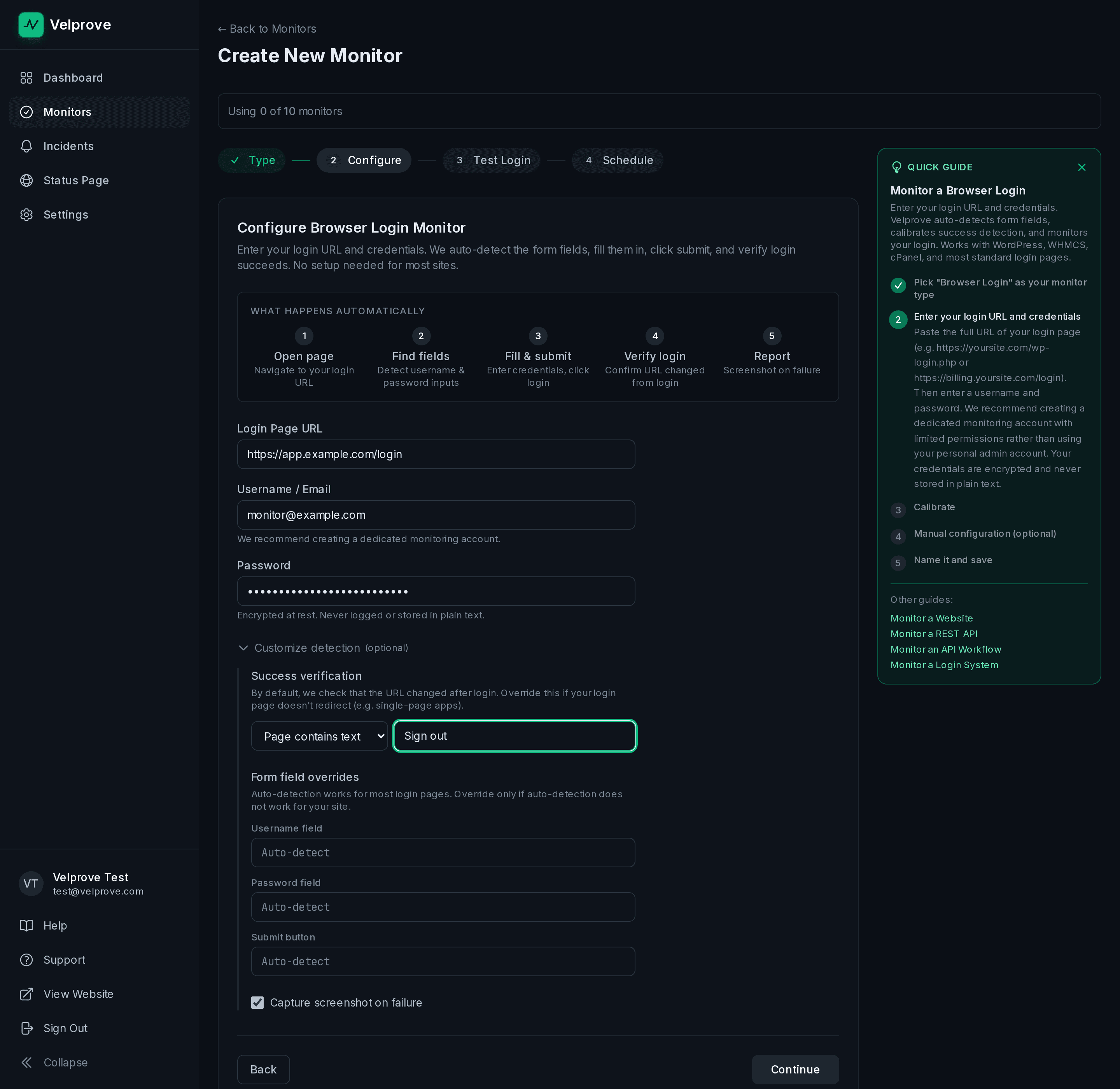 Velprove no-code browser login monitor wizard pointed at a Cloudflare Access and identity provider login URL, with a dedicated test-user email and password filled in and a post-login Success string configured