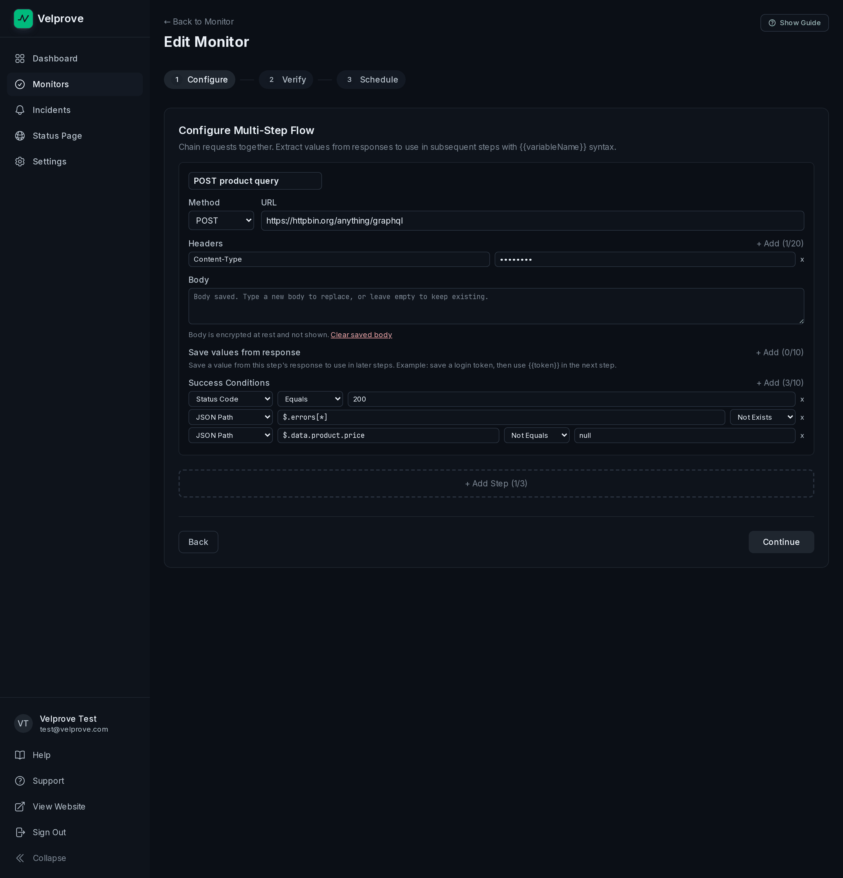Velprove multi-step API monitor builder showing a POST step to a GraphQL endpoint with three success assertions: Status Code Equals 200, JSON Path $.errors[*] Not Exists, and JSON Path $.data.product.price Not Equals null.
