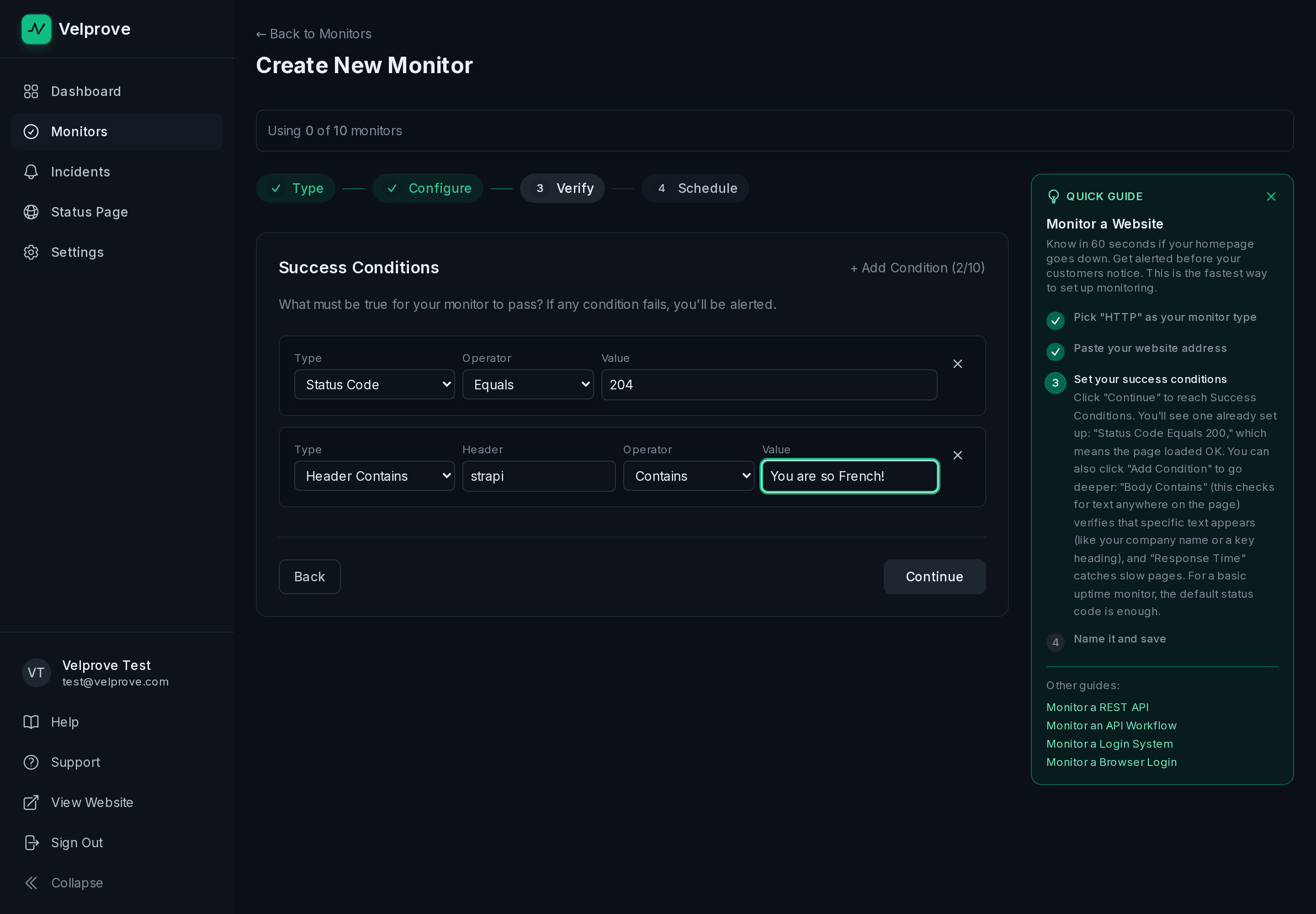 Velprove Success Conditions step for an HTTP monitor pointed at a Strapi /_health endpoint. Two conditions: Status Code Equals 204, and Response Header strapi Contains the value You are so French!, confirming the Strapi server is alive and is genuinely Strapi.