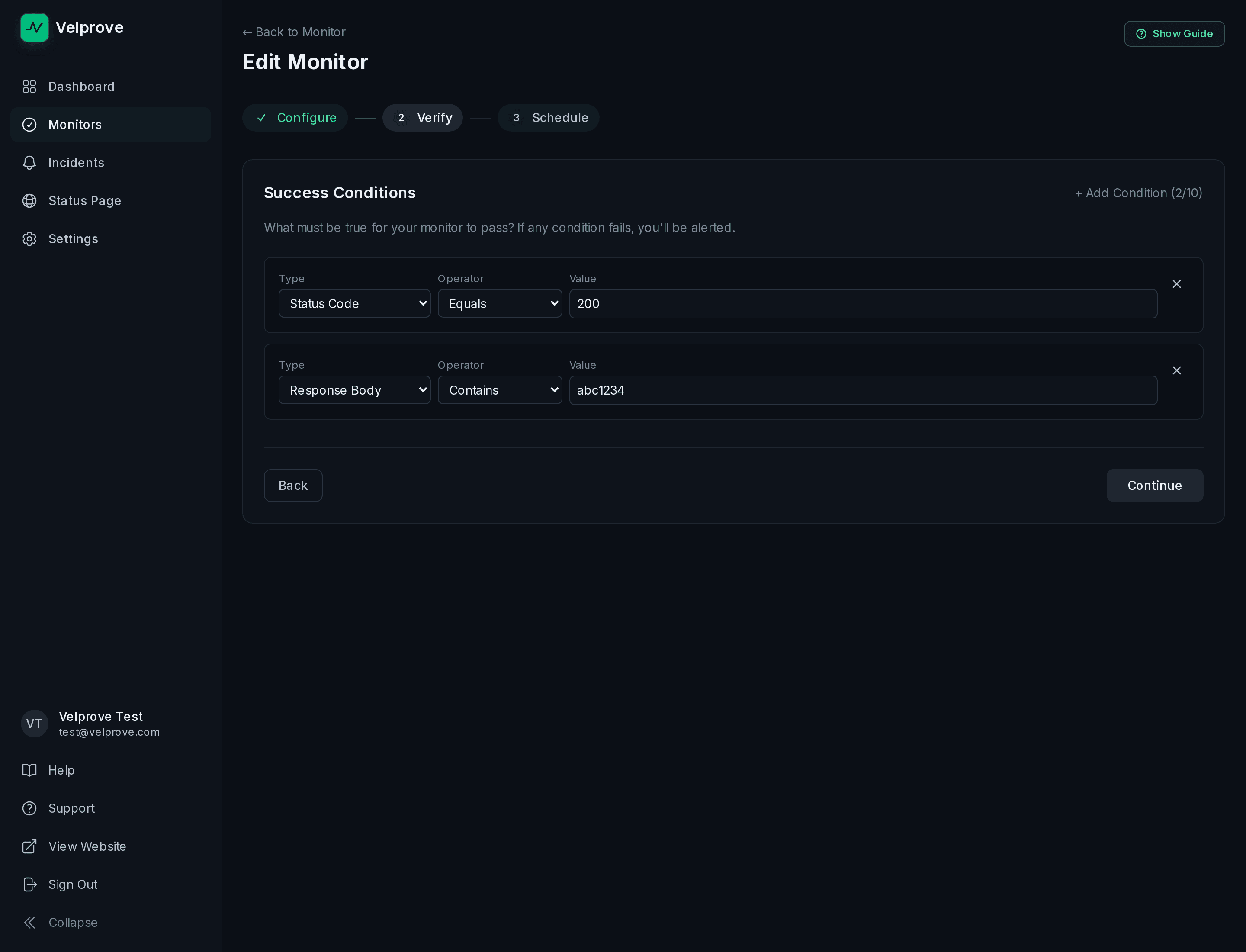 Velprove HTTP monitor wizard on the Success Conditions step for a Heroku app's public URL, showing two assertions in order: Status Code Equals 200, and Response Body Contains the value abc1234, which represents the current build's git SHA exposed at /version.