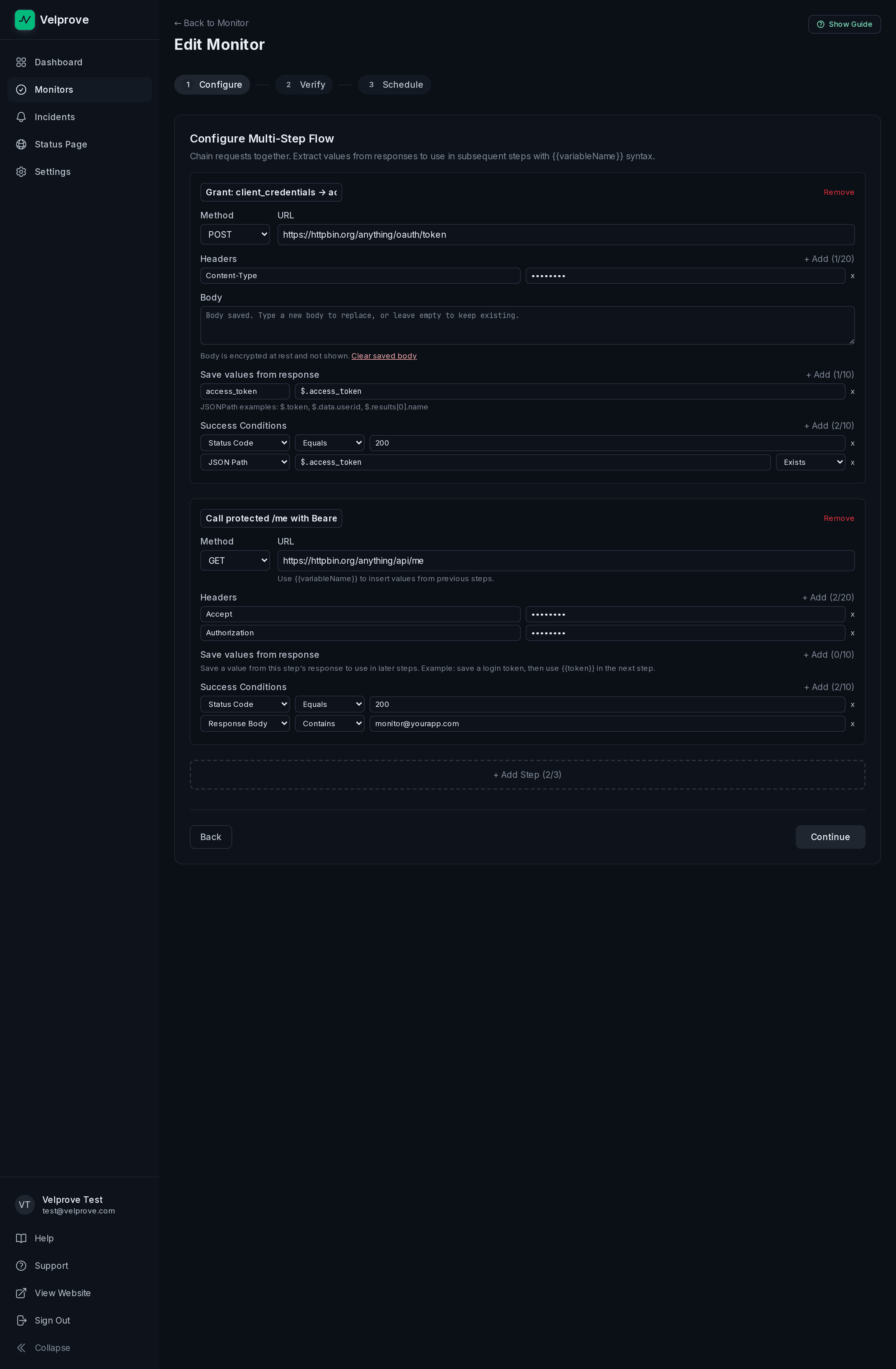 Velprove multi-step API monitor configuration with two steps visible: step 1 POSTs to the IdP token endpoint with grant_type=client_credentials and asserts status_code 200 plus json_path on $.access_token; step 2 GETs a protected /me route with the captured Bearer token and asserts body_contains a known authenticated value.