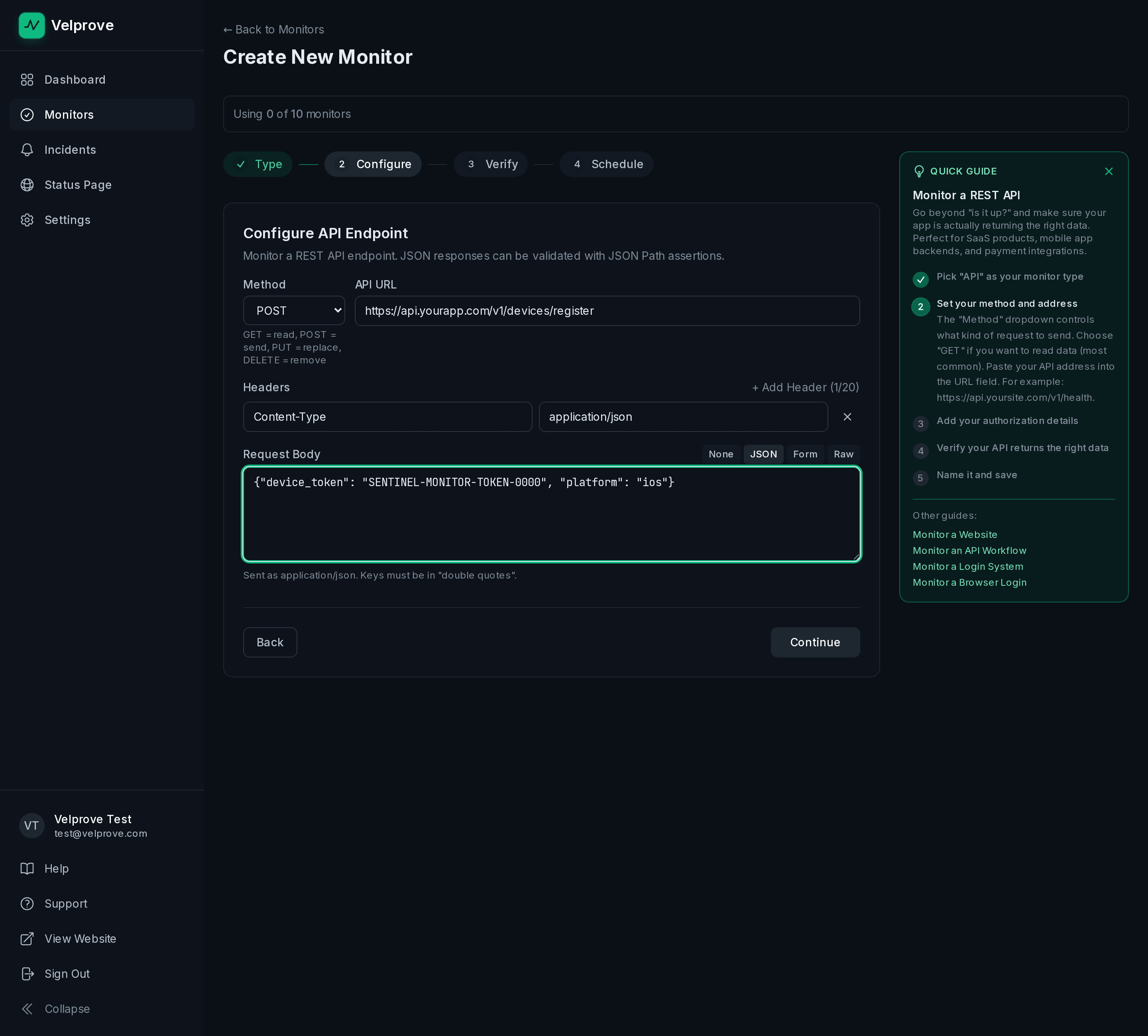 Velprove API monitor request-configuration step in the Create New Monitor wizard, with method POST, the push-token registration endpoint URL filled in, a Content-Type application/json header, and a JSON request body containing a sentinel device token, mimicking the POST the app makes when it forwards its push token to the backend.