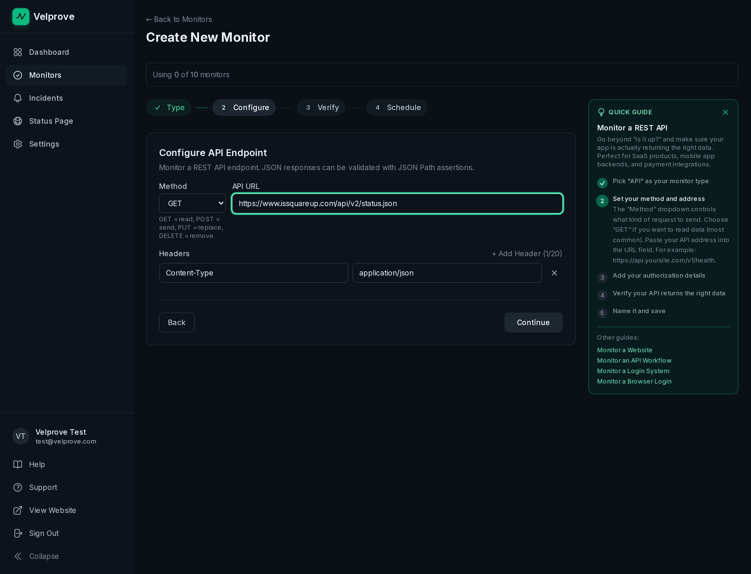 Velprove Create New Monitor wizard on the Configure API Endpoint step, with the API URL field populated with Square's status feed at https://www.issquareup.com/api/v2/status.json, showing that the Square platform status feed is the endpoint being monitored.