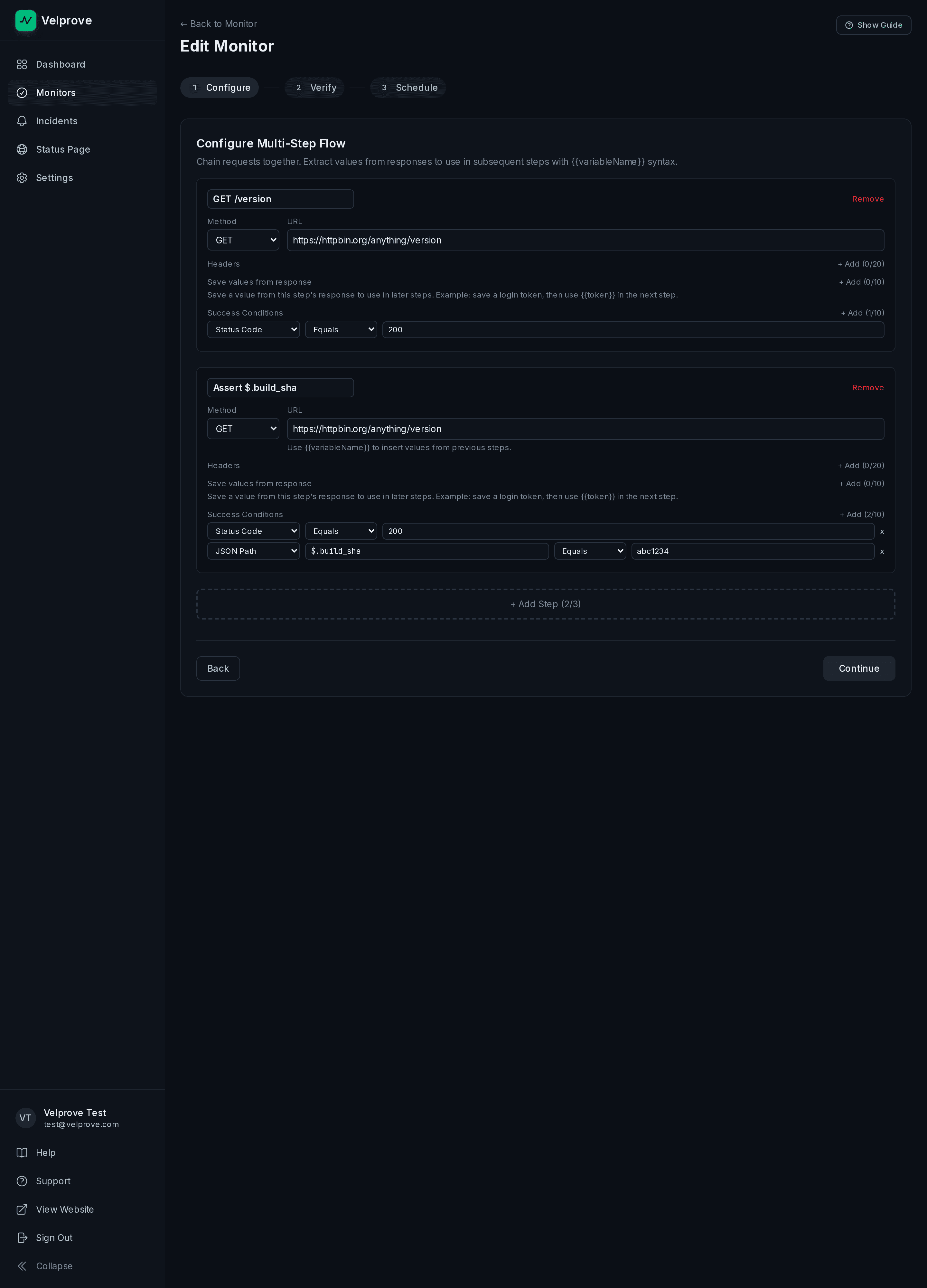 Velprove multi-step API monitor builder configured as a 2-step Railway chain: Step 1 GET to /version, Step 2 GET to /version with a JSON Path assertion on $.build_sha.