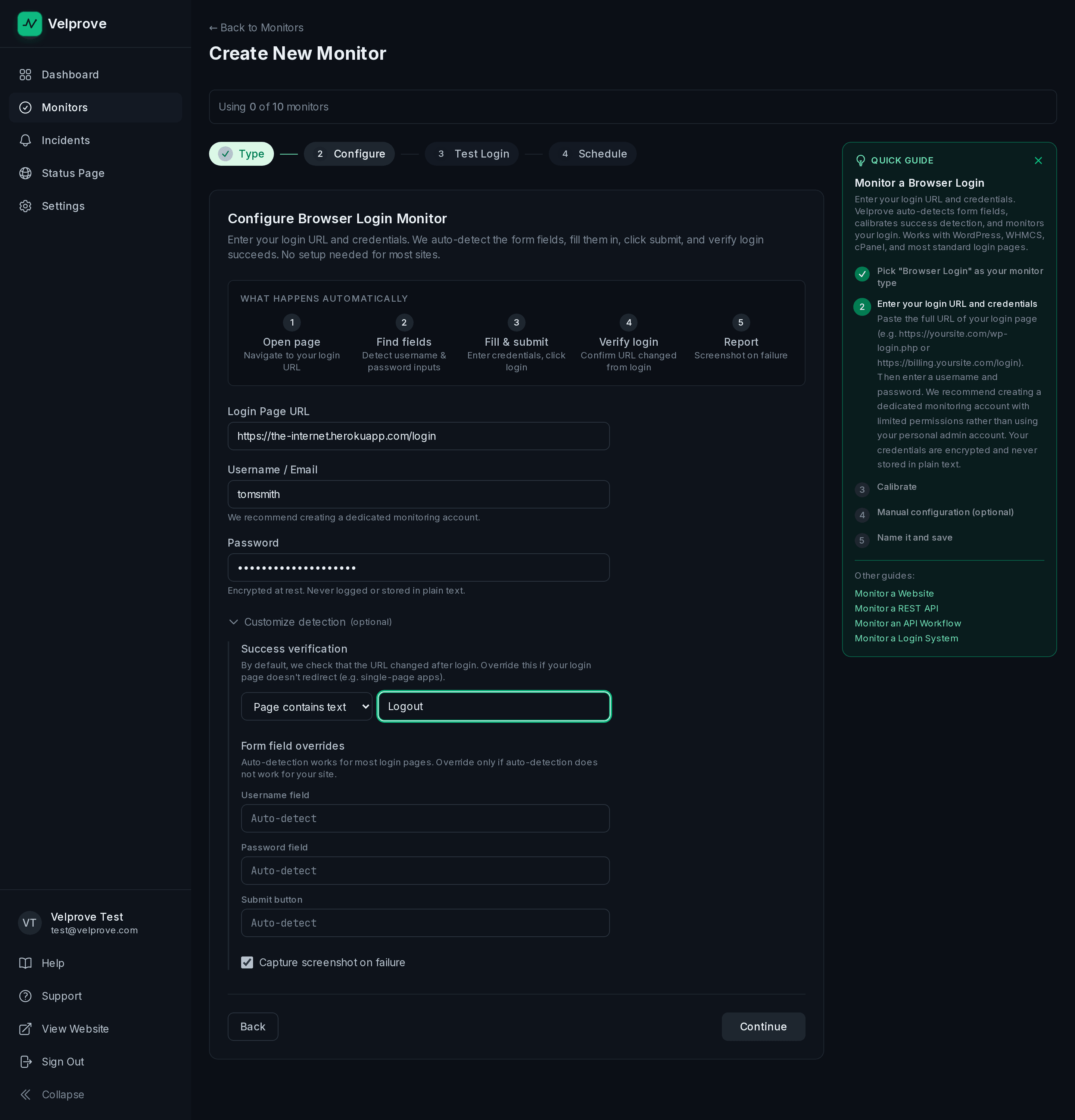 Velprove browser login monitor wizard with the Customize detection panel expanded and Success verification set to Page contains text with the value Logout.