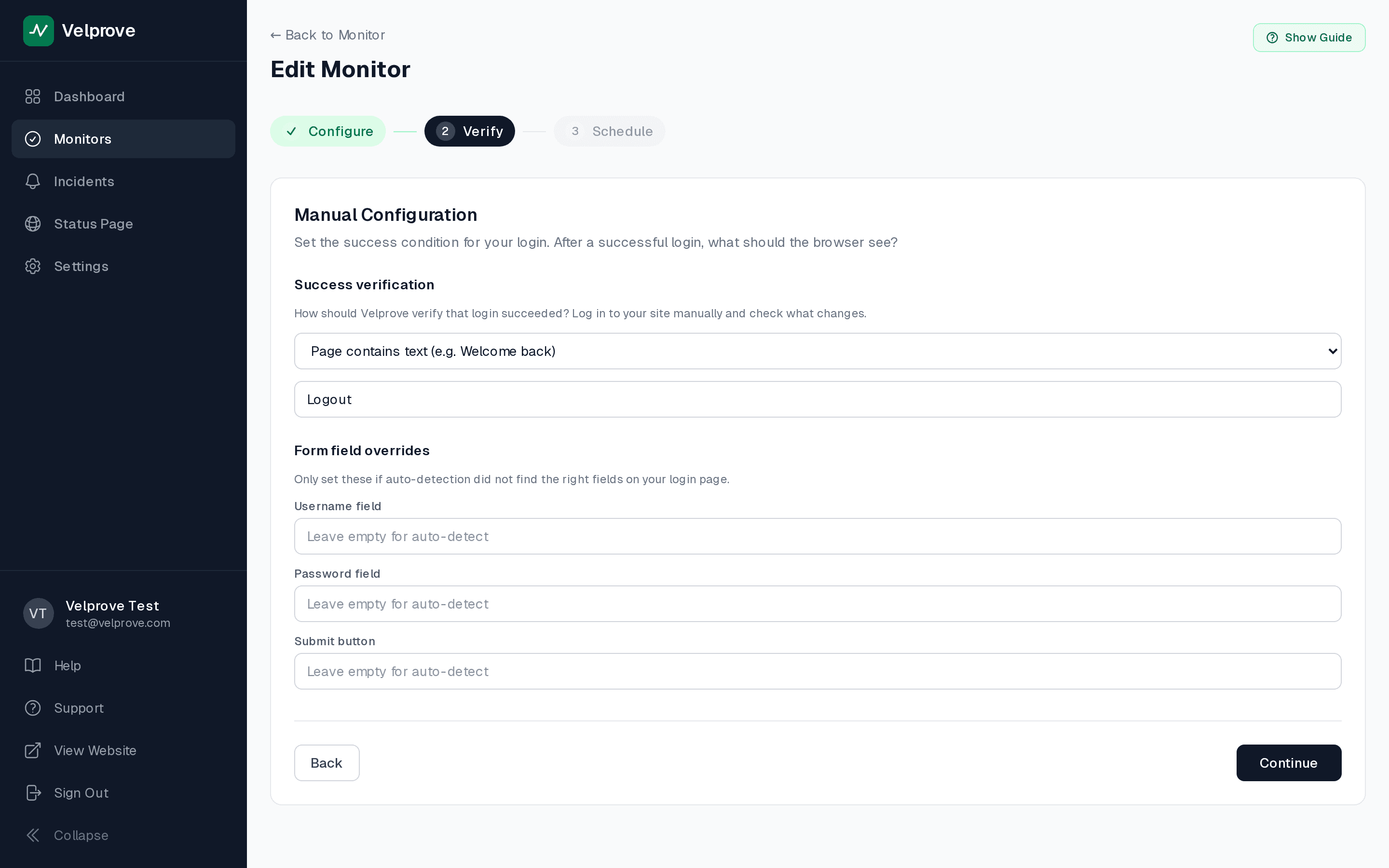 Velprove browser login monitor Manual Configuration step with the Success verification dropdown set to 'Page contains text' and the value field populated with 'Logout', the post-login assertion that proves authenticated content actually rendered.