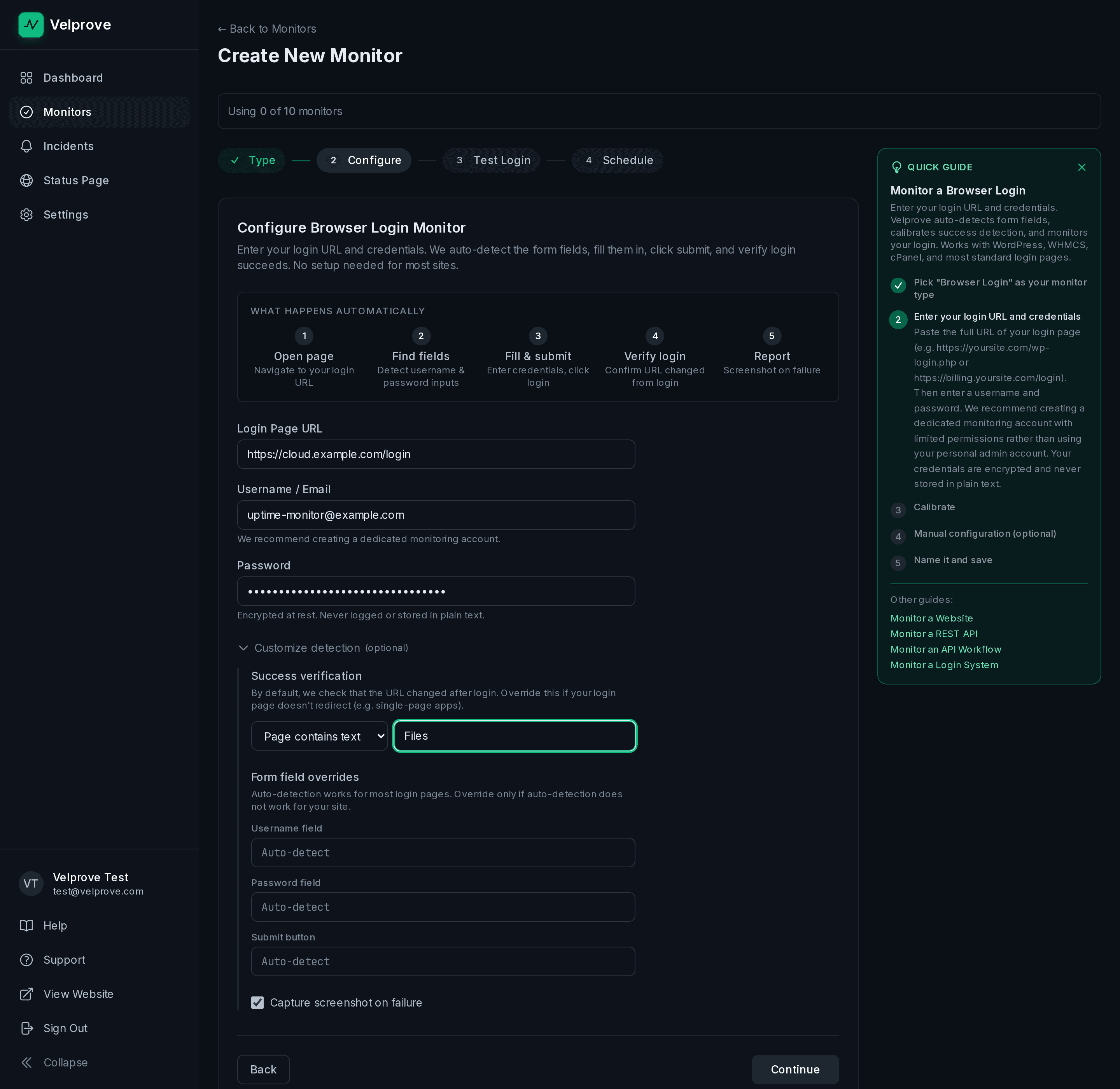 Velprove browser login monitor wizard configured against a self-hosted Nextcloud login URL, with a test-user email and password filled in and Success verification set to Page contains text with a post-login string that only renders after a successful sign-in.