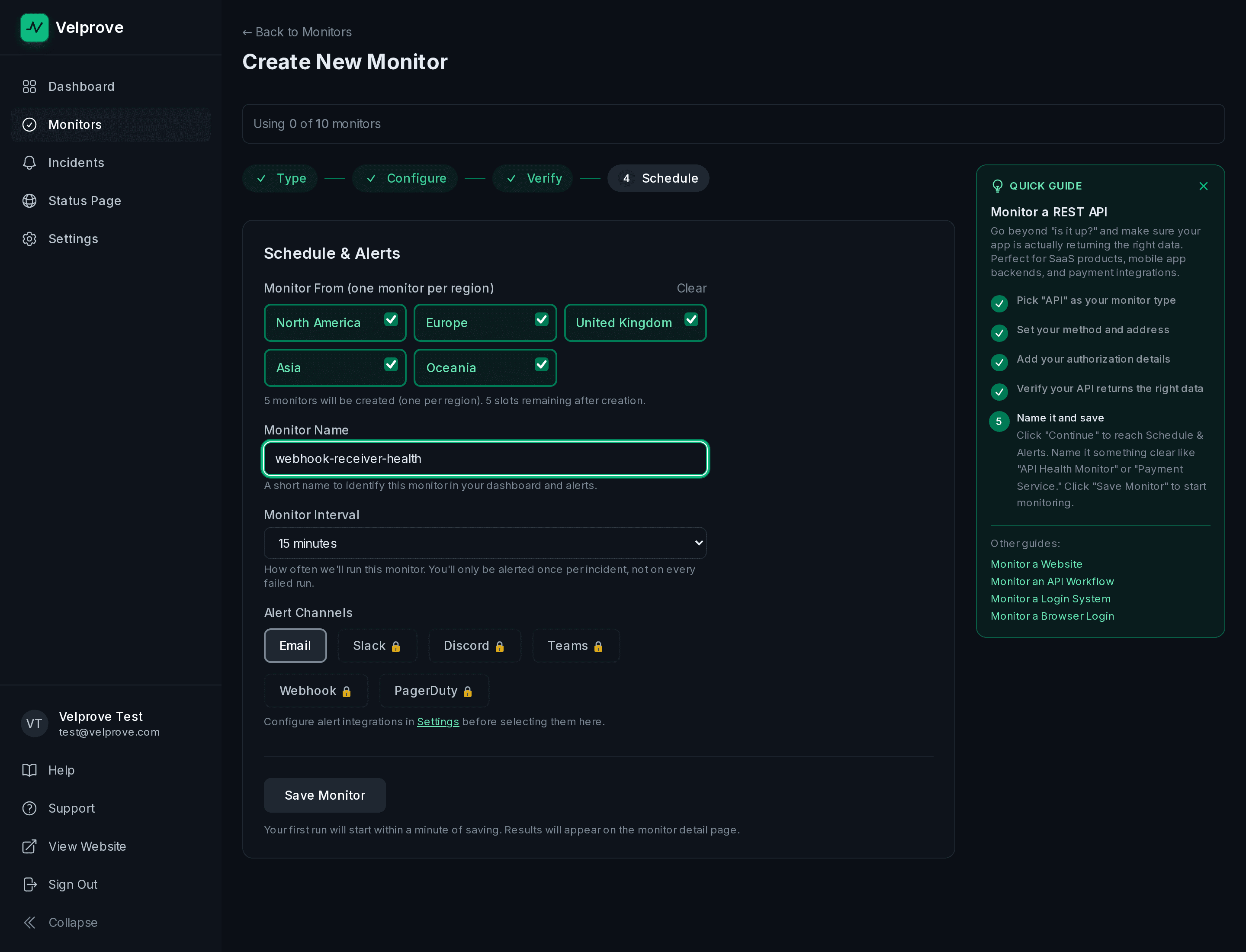 Velprove Create New Monitor wizard on the Schedule and Alerts step with the Monitor From region picker showing all five regions selected: North America, Europe, United Kingdom, Asia, and Oceania, each pill checked.