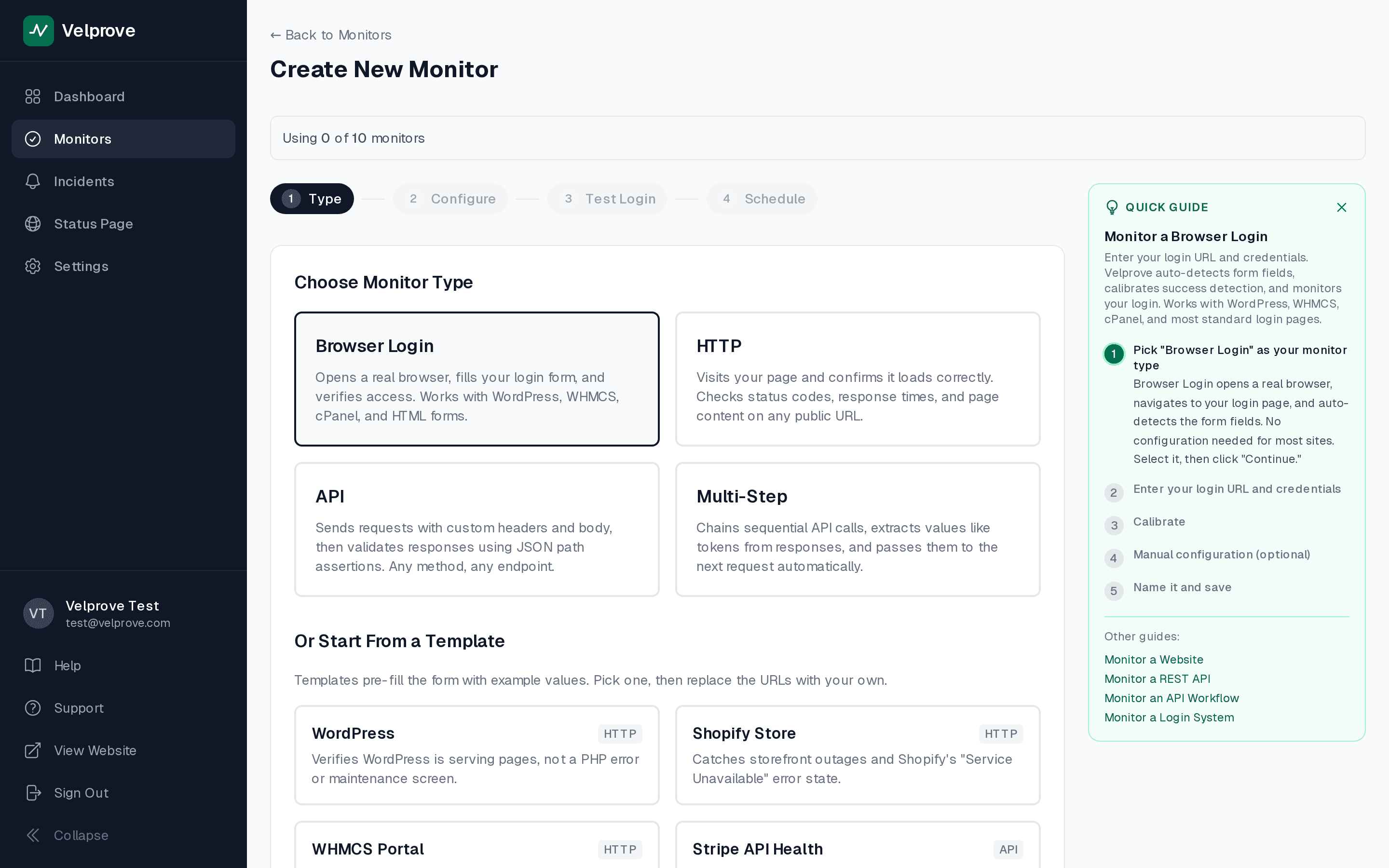 Velprove new-monitor wizard type-selector page on a free account, with four monitor type cards visible (Browser Login, HTTP, API, Multi-Step) plus a Start From a Template panel underneath, and the sidebar showing the free-plan 10-monitor cap.