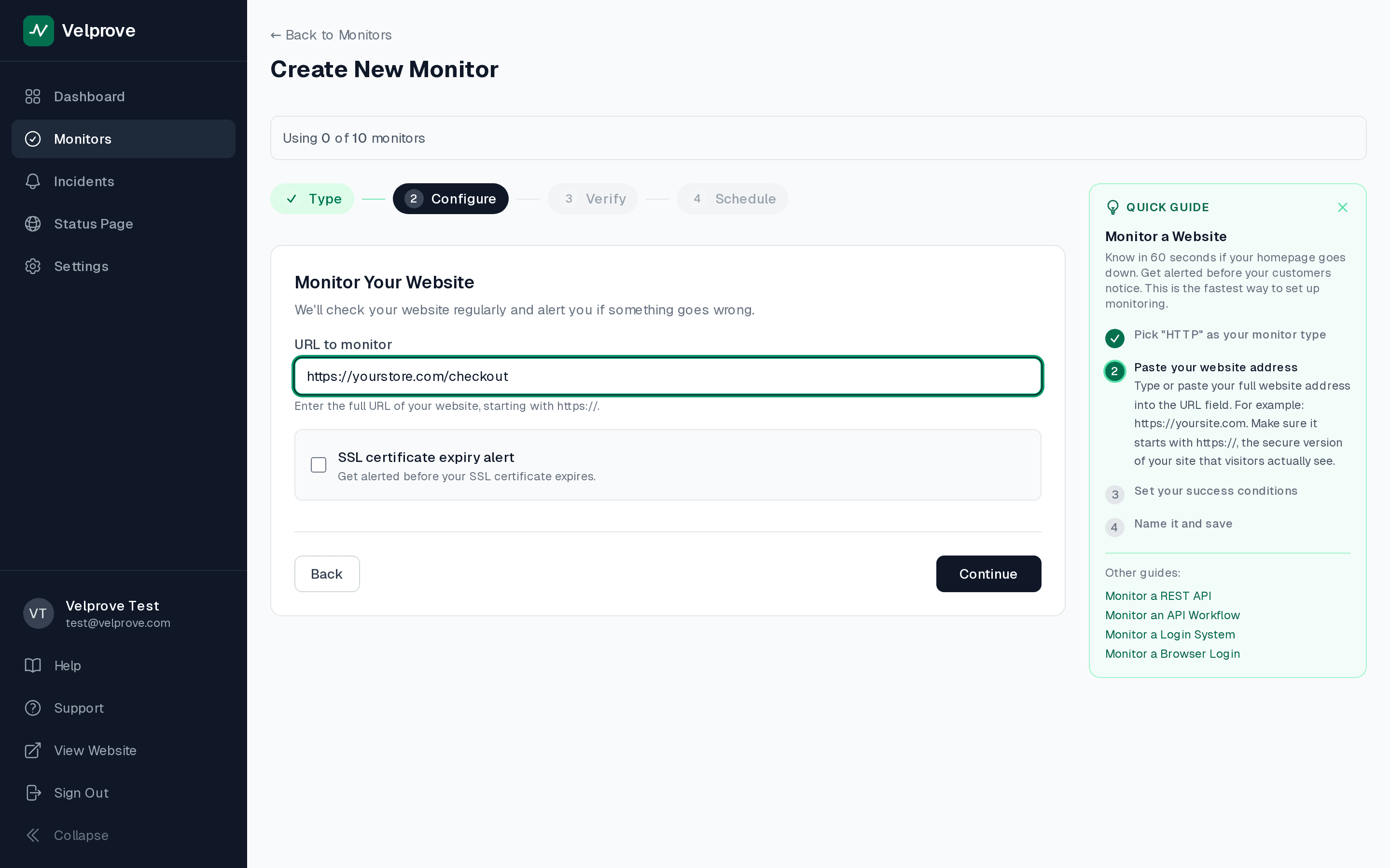 Velprove HTTP monitor configuration form with the URL field populated with a Shopify checkout URL, the entry point where you start adding a Shopify checkout HTTP monitor before the wizard advances to schedule and assertion configuration.