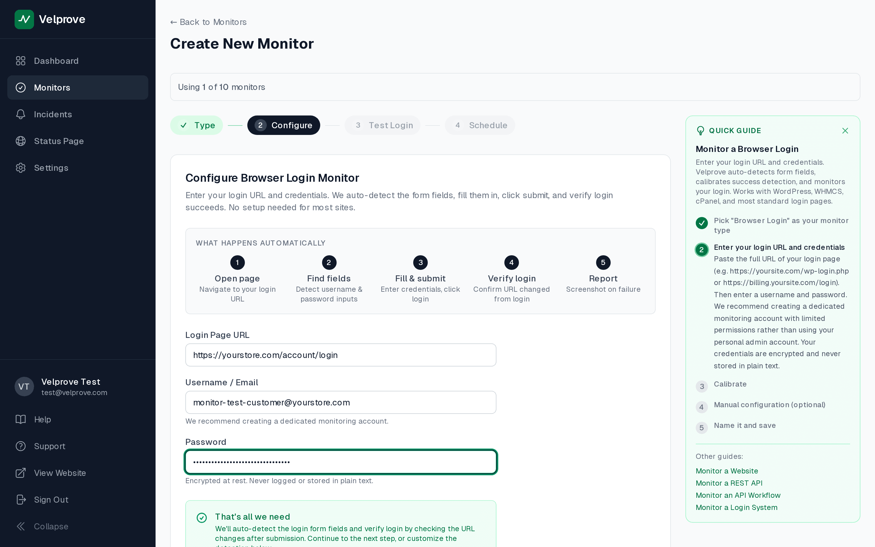 Velprove browser login monitor wizard with Browser Login type pre-selected, the Login Page URL filled with a Shopify /account/login path, and the Username and Password fields populated with placeholder test-customer credentials, ready to assert on a post-login text indicator.