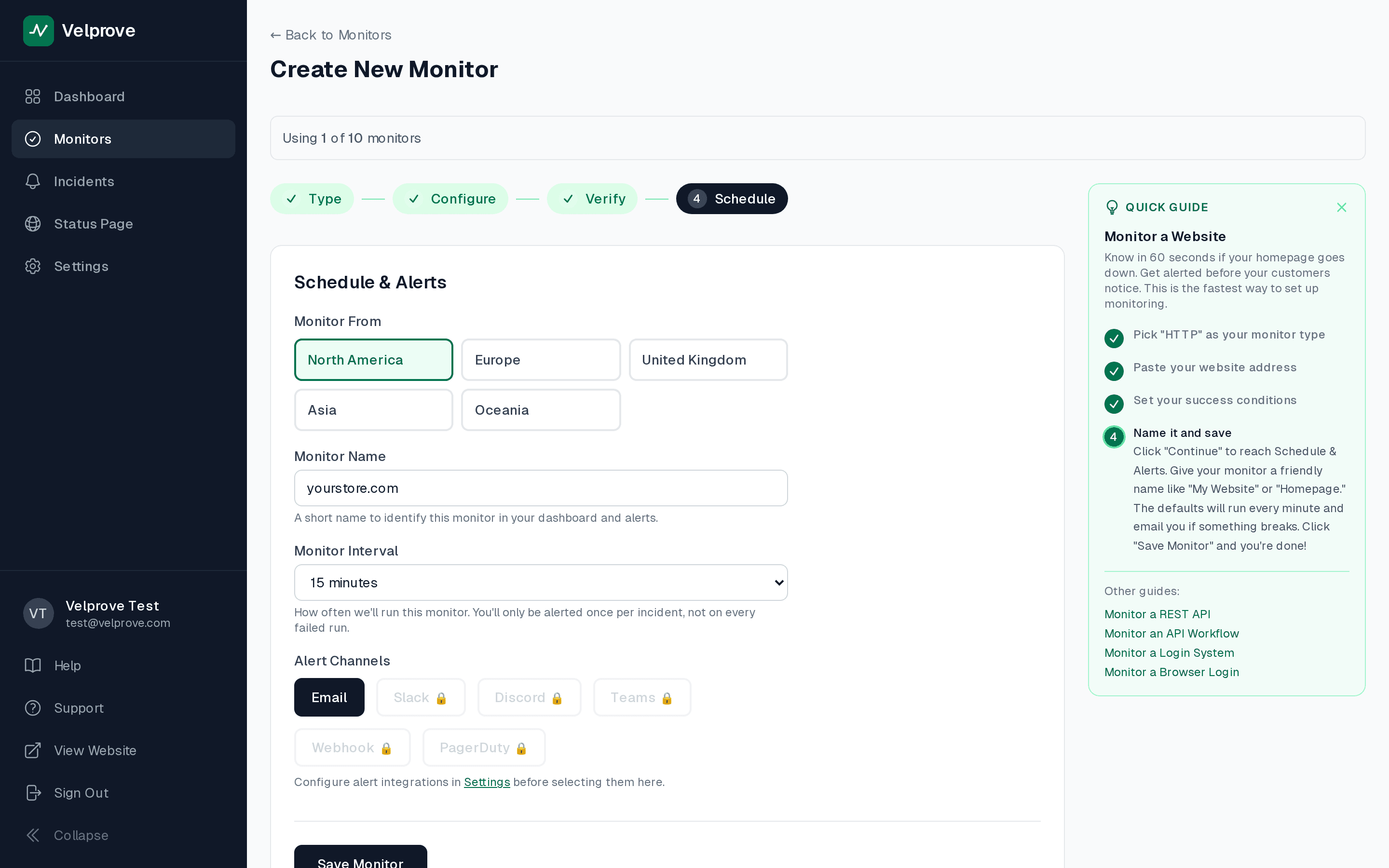 Velprove alert-channel configuration on the free plan, with the Email channel selected and locked on by default, and Slack, Discord, Teams, Webhook, and PagerDuty all grayed out behind padlock indicators that mark them as paid-tier upgrades.