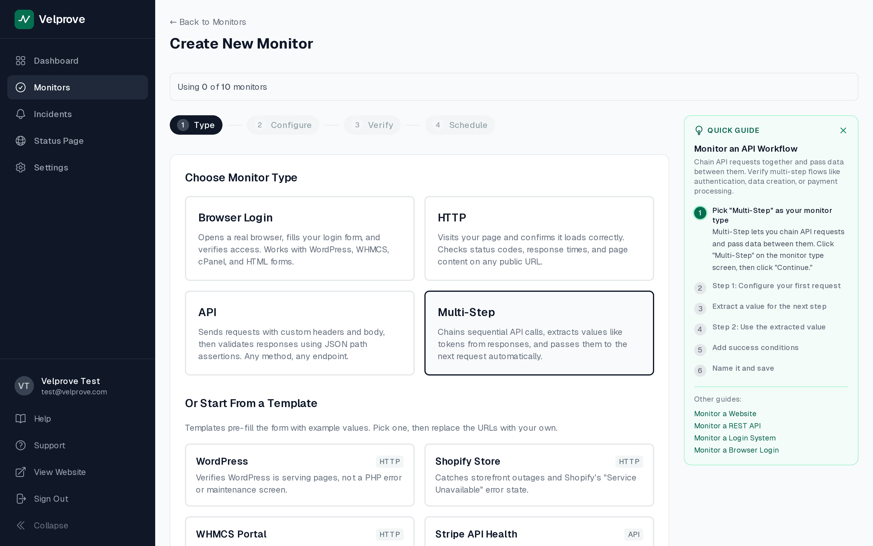 Velprove new-monitor wizard step 1, Choose Monitor Type, with four options visible: Browser Login, HTTP, API, and Multi-Step. Multi-Step is selected.