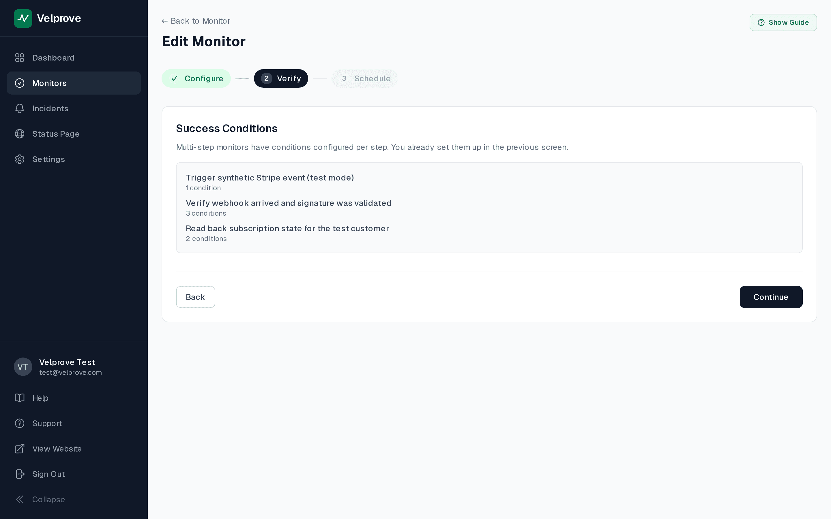Velprove review summary for the three-step Stripe webhook monitor, listing each step name with its assertion count