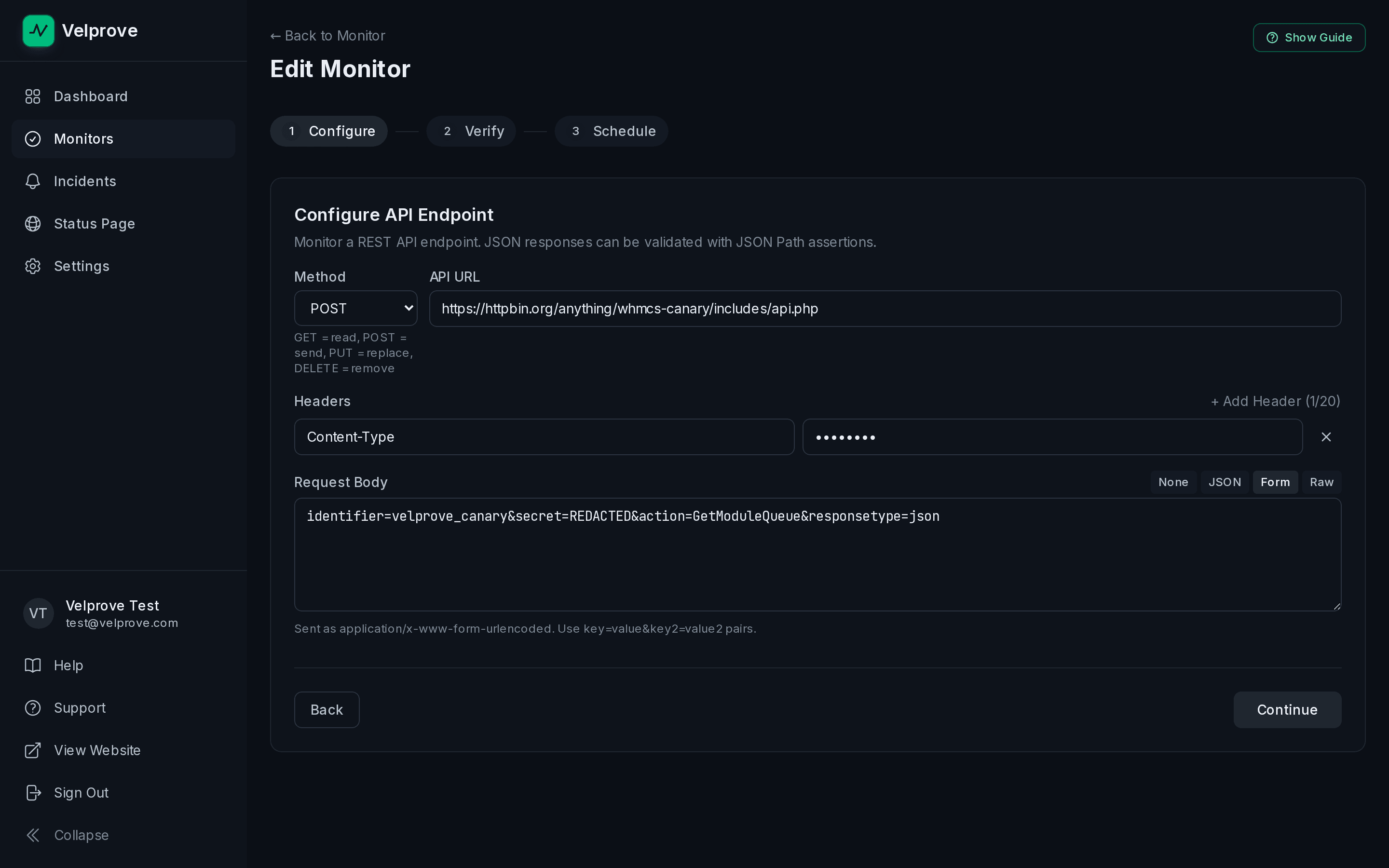 Velprove API monitor configuration form pre-filled with the WHMCS GetModuleQueue recipe: POST method, includes/api.php URL, Content-Type set to application/x-www-form-urlencoded, form-encoded body with identifier, secret, action=GetModuleQueue and responsetype=json, plus a json_path assertion on $.count equals 0.