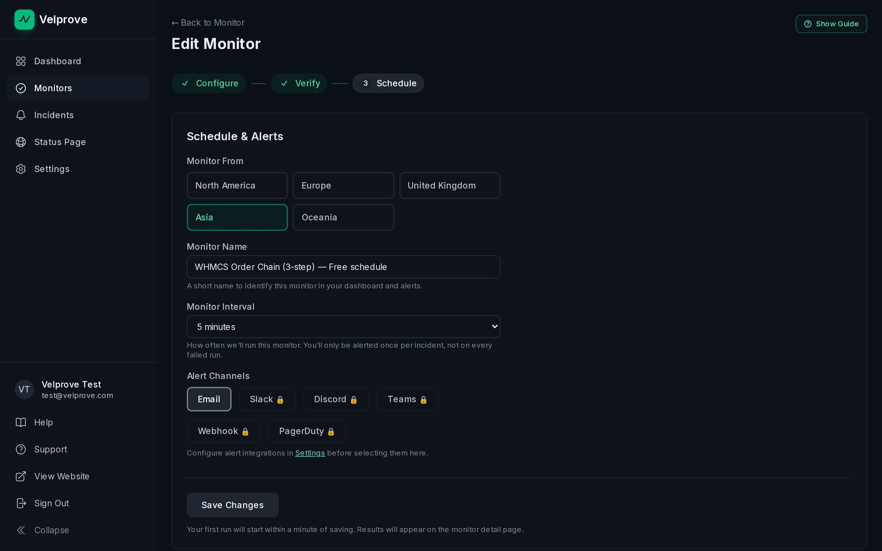 Velprove schedule and alerts step on the Free plan, showing five regions available to choose from for the monitor's home region, a 5-minute interval set, and Email as the only available alert channel with Slack, Discord, Teams, Webhook, and PagerDuty greyed out.