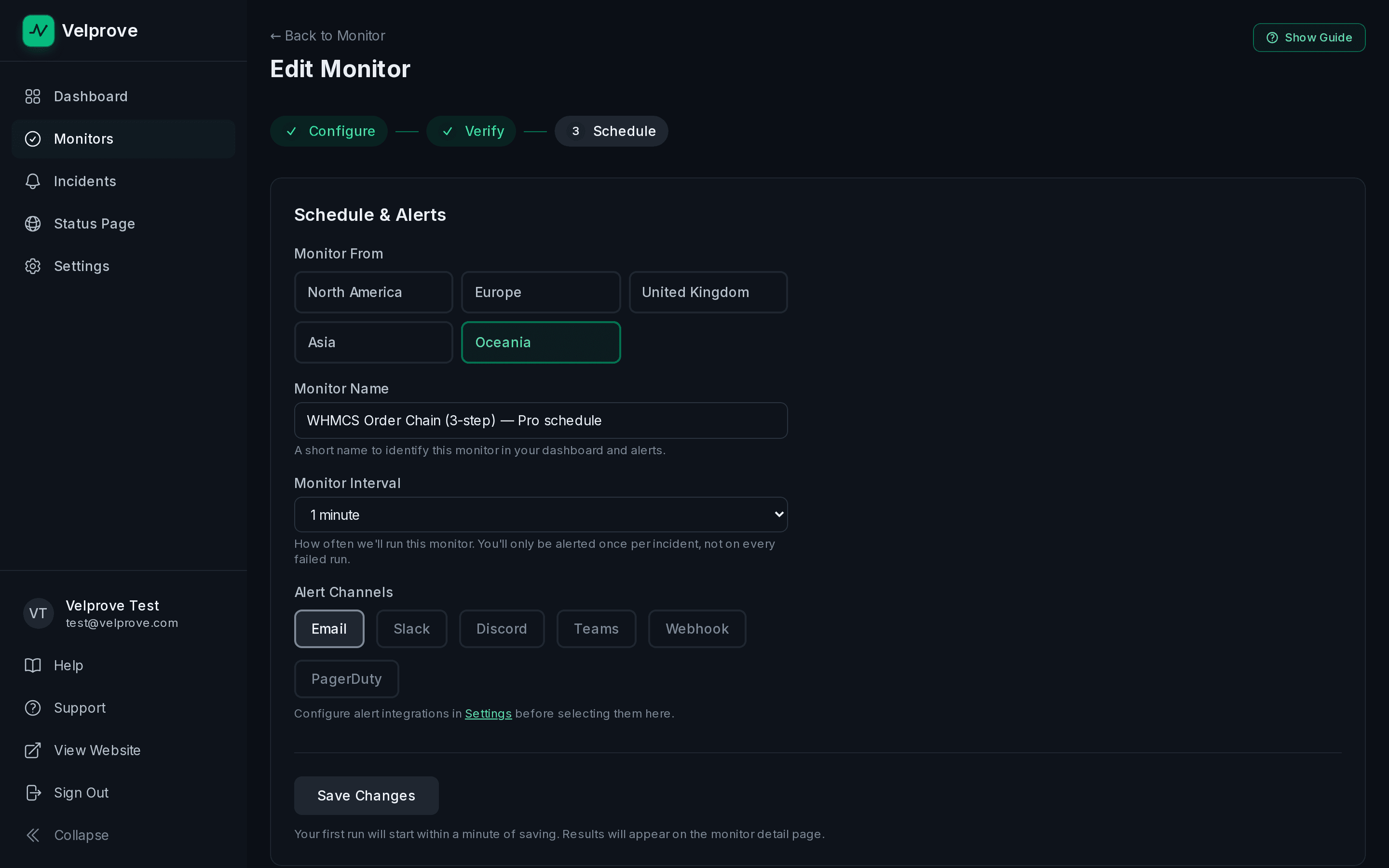 Velprove schedule and alerts step on the Pro plan, showing five regions available to choose from for the monitor's home region, a 30-second monitor interval set, and all six alert channels selectable: Email, Slack, Discord, Teams, Webhook, and PagerDuty.