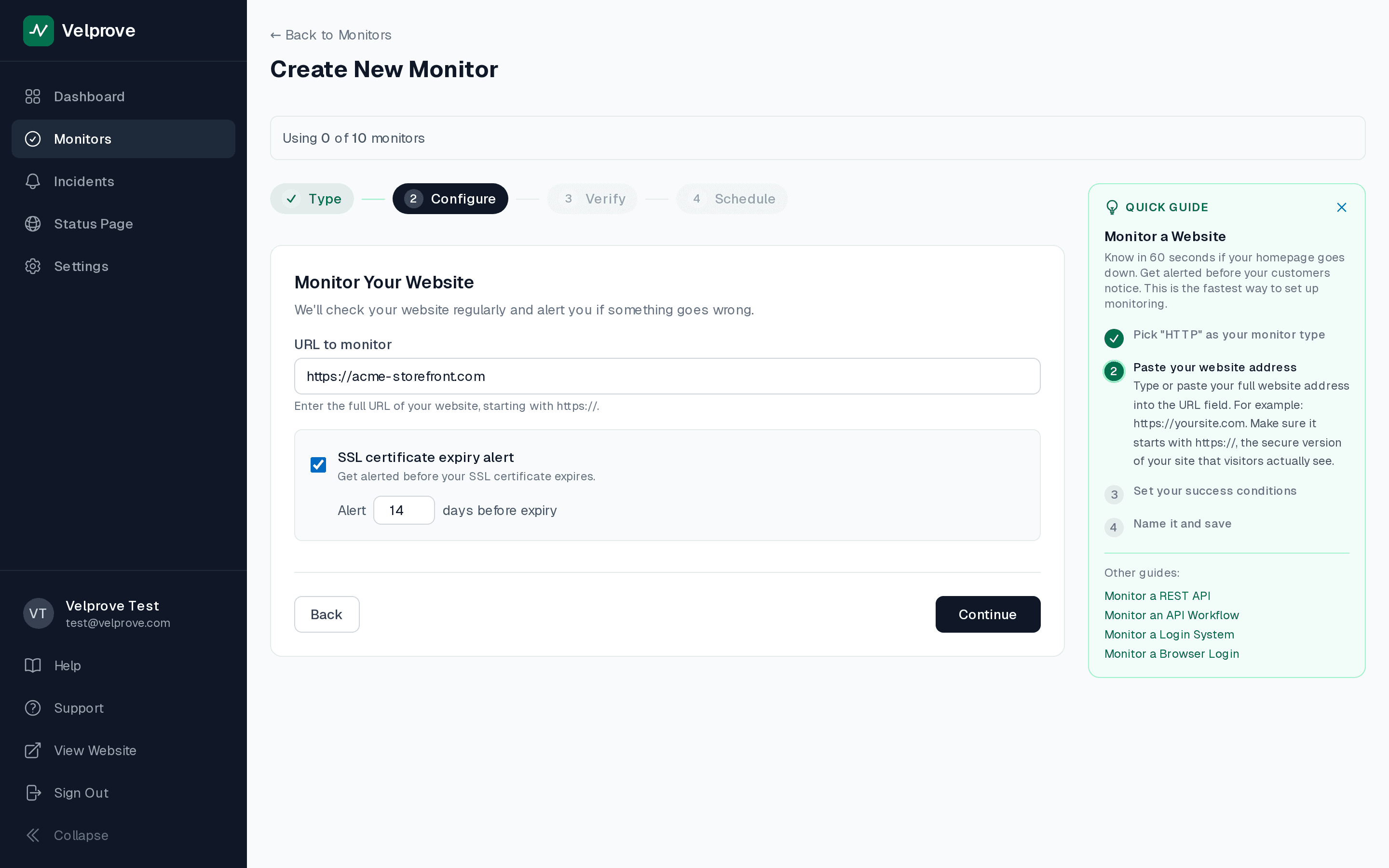 Velprove HTTP monitor configuration form with the SSL certificate expiry alert checkbox checked and 'Alert 14 days before expiry' selected, captured on the new-monitor wizard.