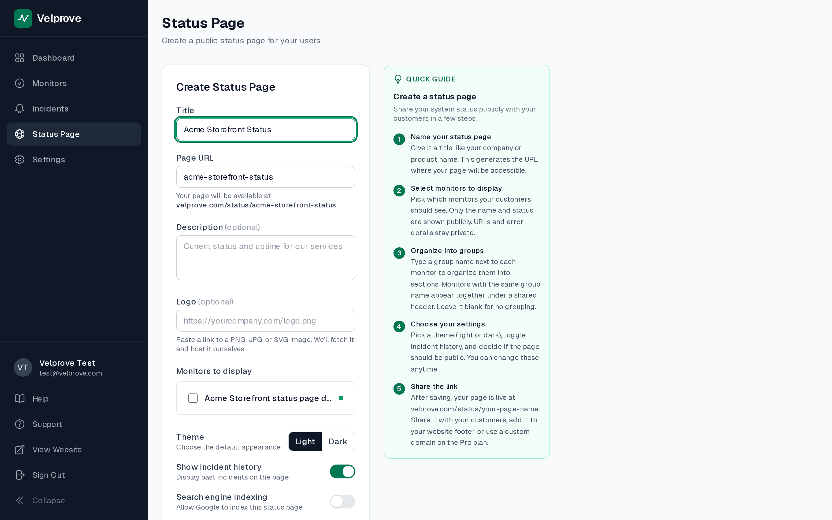 Velprove status page setup screen on the free plan with the Create Status Page form open, showing the name field, public toggle, and the list of monitors selectable for inclusion.