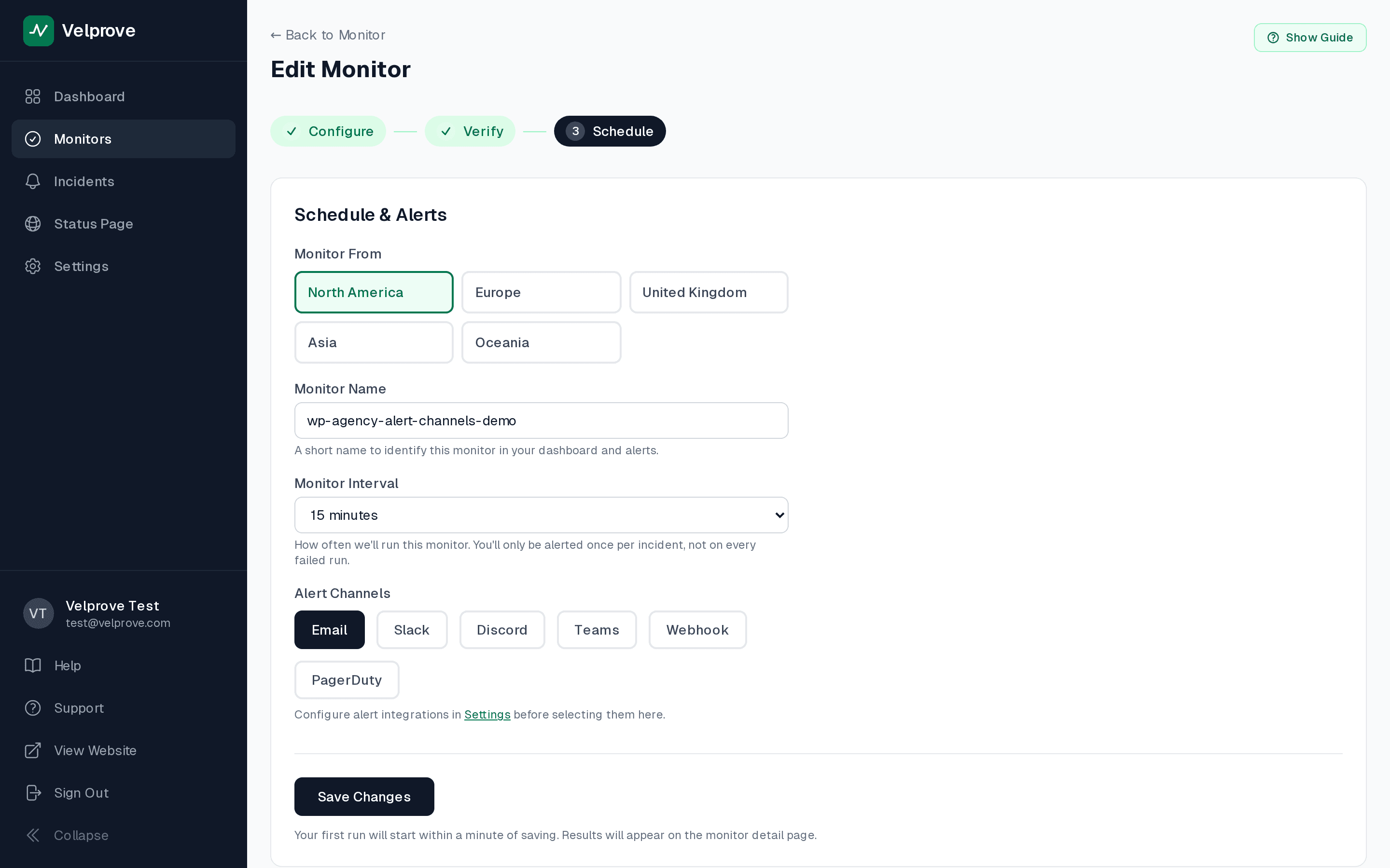 Velprove Schedule and Alerts step on a Pro account with all six alert channels unlocked, the per-monitor selector for Email, Slack, Discord, Teams, Webhook, and PagerDuty.