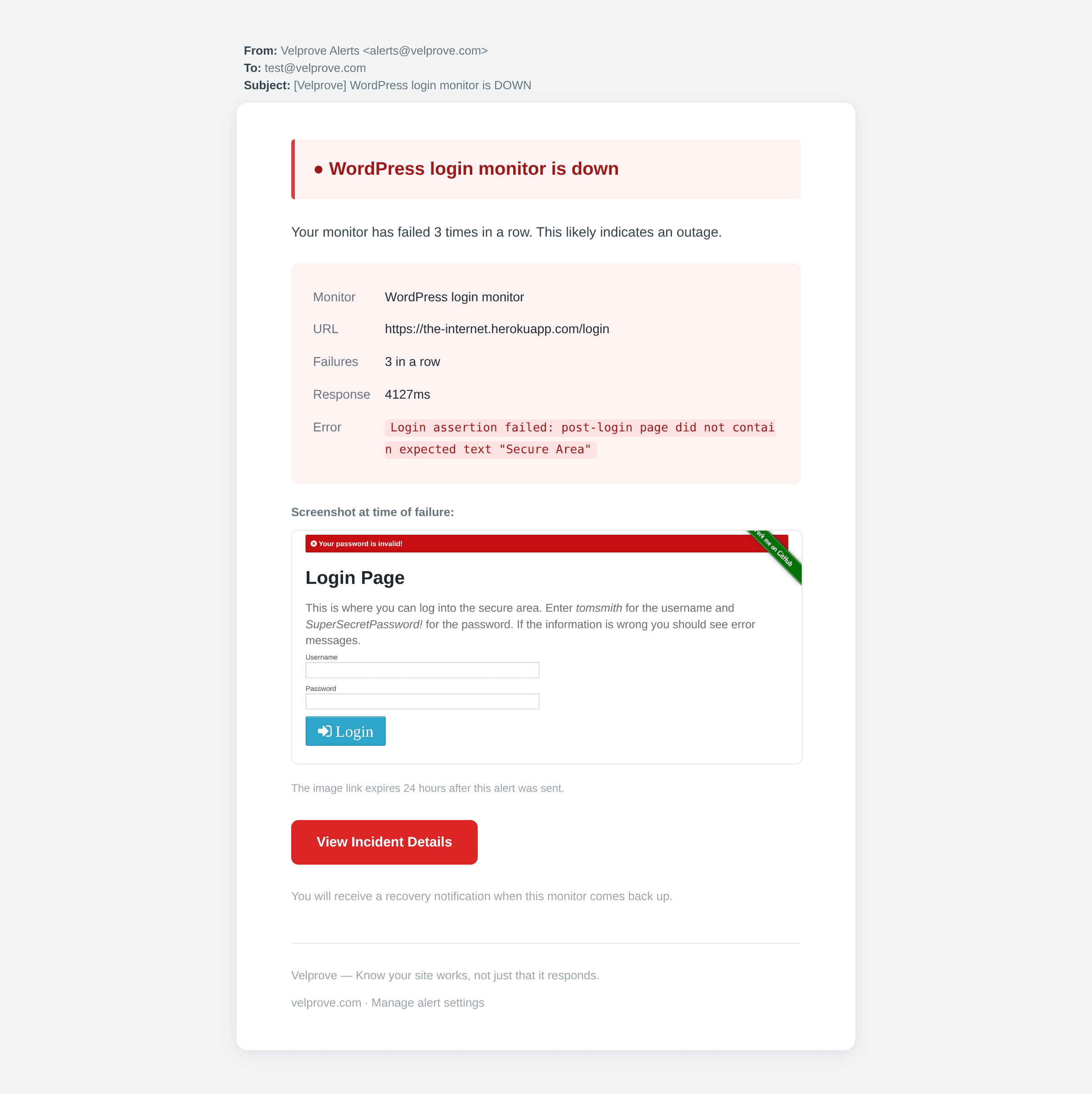 Velprove down-alert email containing an inline failure screenshot of a broken post-login page.