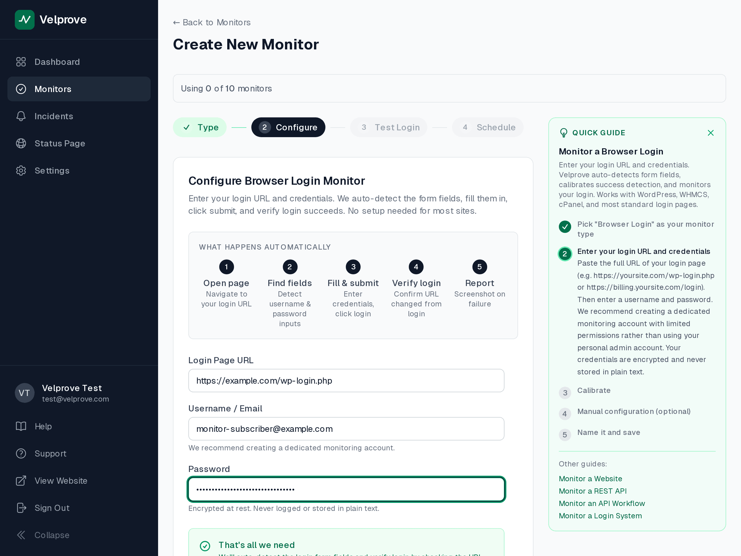 Velprove browser login monitor configuration UI showing a low-privilege monitoring account credential field.